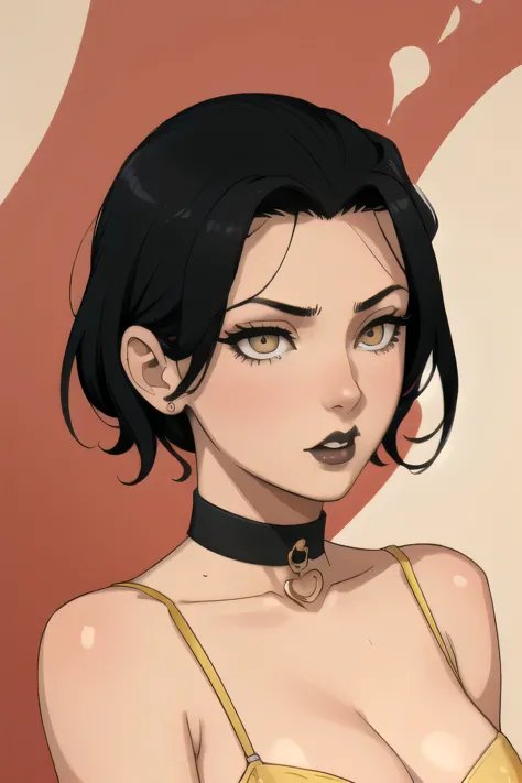 Azula. very short hair. choker. Amber gold eyes. black hair. black lips. corset. a photo of a face in the vicinity. earplug. hea...