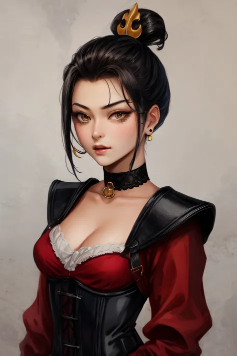 Azula. very short hair. choker. Amber gold eyes. black hair. black lips. corset. a photo of a face in the vicinity. earplug. hea...