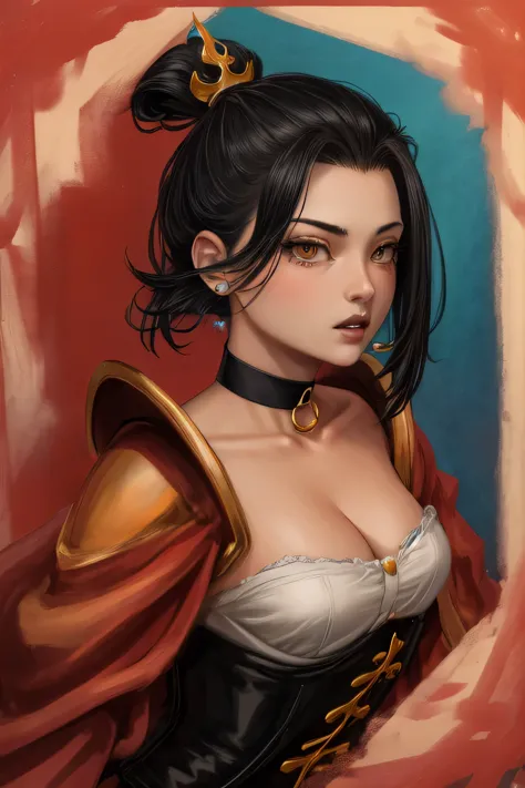 Azula. very short hair. choker. Amber gold eyes. black hair. black lips. corset. a photo of a face in the vicinity. earplug. hea...