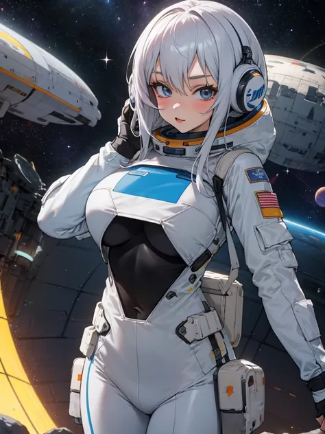 youthful anime busty girl, sci-fi explorer, sci-fi adventurer, spacesuit, bodysuit