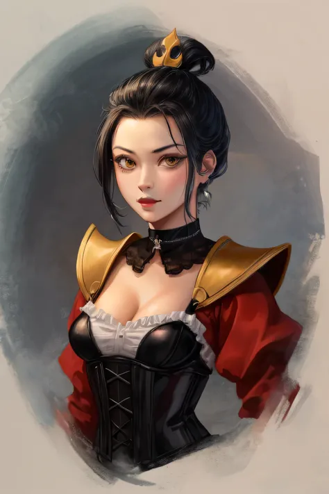 Azula. very short hair. choker. Amber gold eyes. black hair. black lips. corset. a photo of a face in the vicinity. earplug. hea...