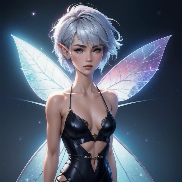 (Extremely detailed CG 8k unity wallpaper, work of art, best qualityer, ultra detali), (better lighting, best shade, extremely delicate and beautiful), Cool, dynamic, and original young character with a (dynamic pose) and silver (pixie cut hair: 1.3) which reflects light beautifully.