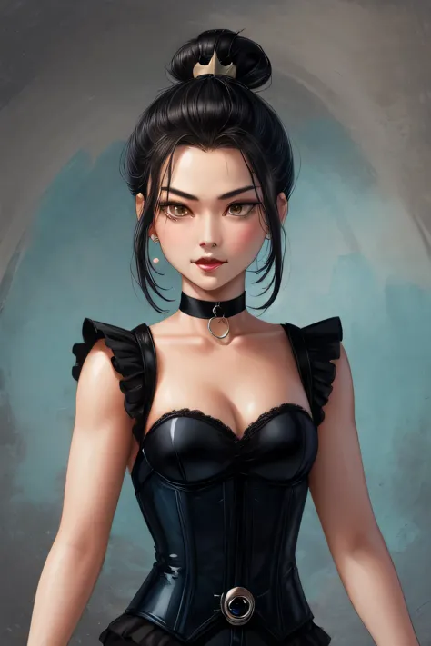 Azula. very short hair. choker. Amber gold eyes. black hair. black lips. corset. a photo of a face in the vicinity. earplug. hea...