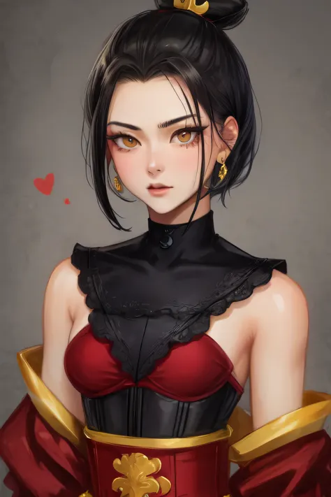 Azula. very short hair. choker. Amber gold eyes. black hair. black lips. corset. a photo of a face in the vicinity. earplug. hea...