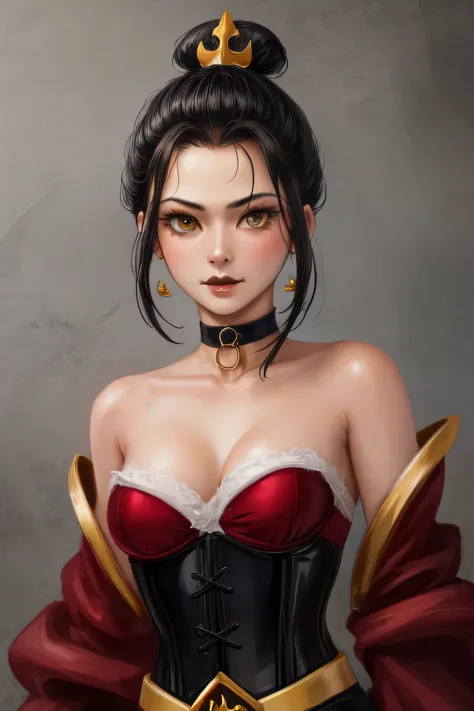 Azula. very short hair. choker. Amber gold eyes. black hair. black lips. corset. a photo of a face in the vicinity. earplug. hea...