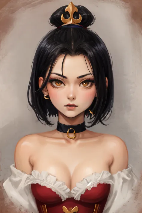 Azula. very short hair. choker. Amber gold eyes. black hair. black lips. corset. a photo of a face in the vicinity. earplug. hea...