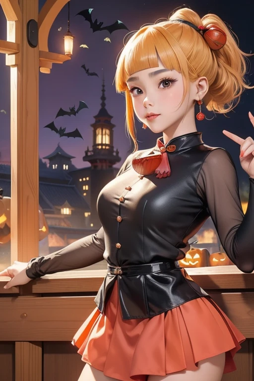 Halloween, ((Halloween Costumes:1.5)), ((skirt:1.5)), rest, Very detailed face and eyes, ((Kyoto Animation Style)), Ultra-precision, masterpiece, Very extremely beautiful, princess face,  short hair, Straight Hair, A blonde, ((Short Ponytail:1.5)), ((Straight bangs:1.5)), ((Ji Qie:1.5)), blue eyes, ((Medium breasts)), rest, Red ribbon, Cowboy shooting, Dynamic poses, gland, Smile, From below, Holy Land, church, Standing, From below, Keep your mouth shut, Kawaii face,