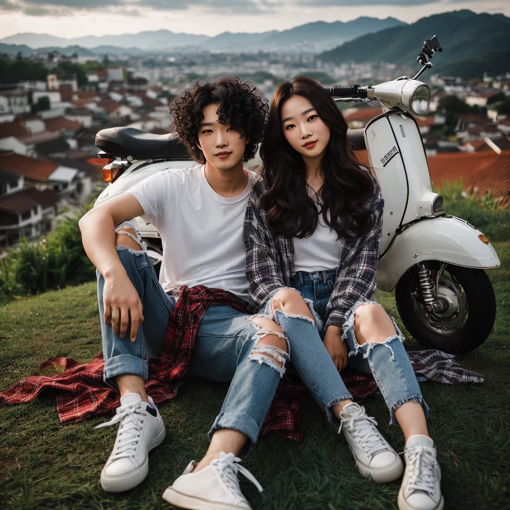 couple portrait, Korean man with curly hair wearing a white t-shirt, flannel shirt, long ripped knee jeans and sneakers, with a Korean woman with long hair, they are sitting on the ground in front of a classic Pespa motorbike, sitting on a green grass hill at a height with a small town in the background  , beautiful couple, middle portrait, romantic couple, pre-wedding photos, cinematic photo shoot, cinematic photos, medium portrait, with city background, dramatic, couple portrait, stills from films, smiling at the camera