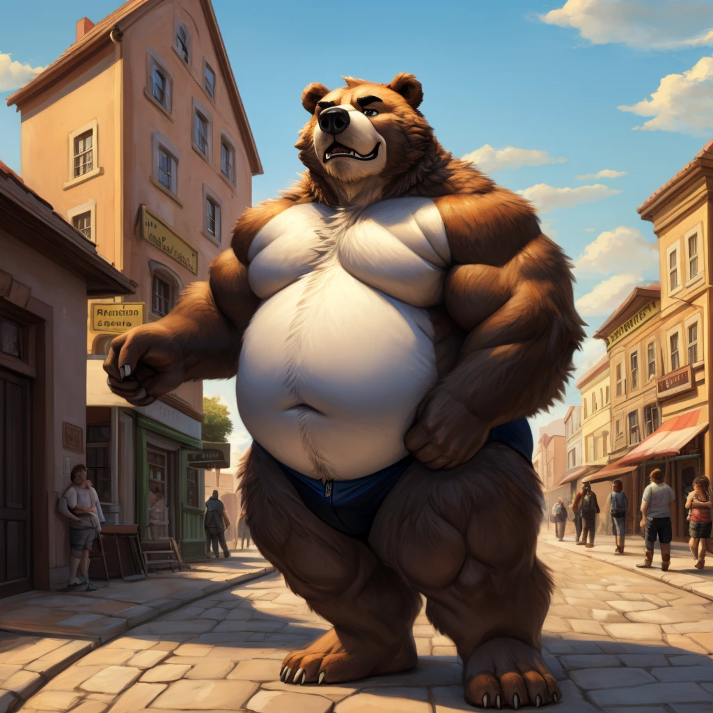 huge bear,  chubby，shirtless， alone， detailed， high resolution，， Masterpiece，Obesity in the extremities.，Over weight，Peter Junior，people,  traveling through the town,  Boy hero of the people