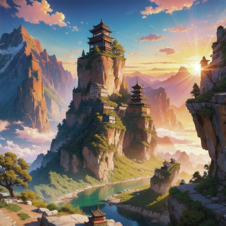 Ancient Chinese scenery, mountainscape, rivers, auspicious clouds, sunshine light, Master Pieces, super detaill, epic composition, ultra HD, high qualiy, extremely detaild, offcial art, 8k unified wallpaper, super detaill, 32k - v.6