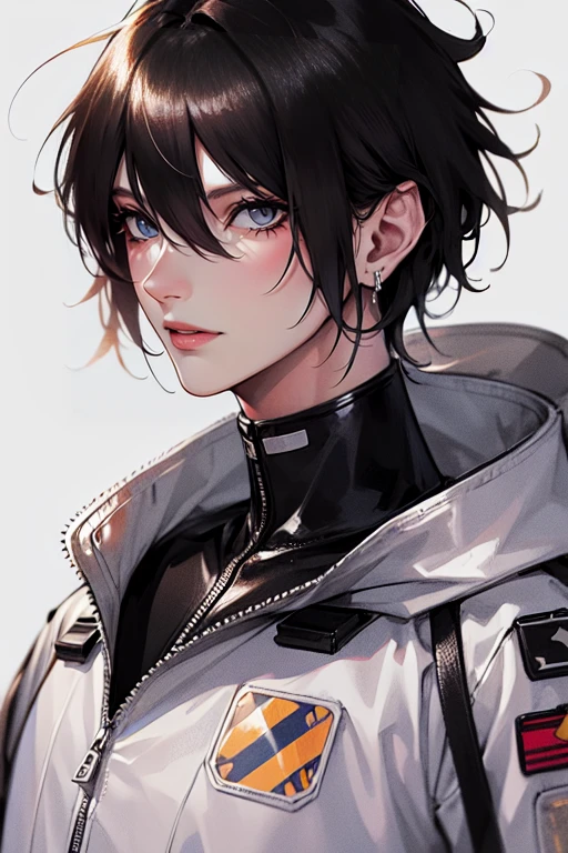 1 guy and. . (tall man, messy black-haired man, wearing a pilot space outfit.),best quality, ultra-detailed, illustration, complex, detailed, extremely detailed, detailed face, soft light, soft focus, perfect face, illustration.  in space outfits 