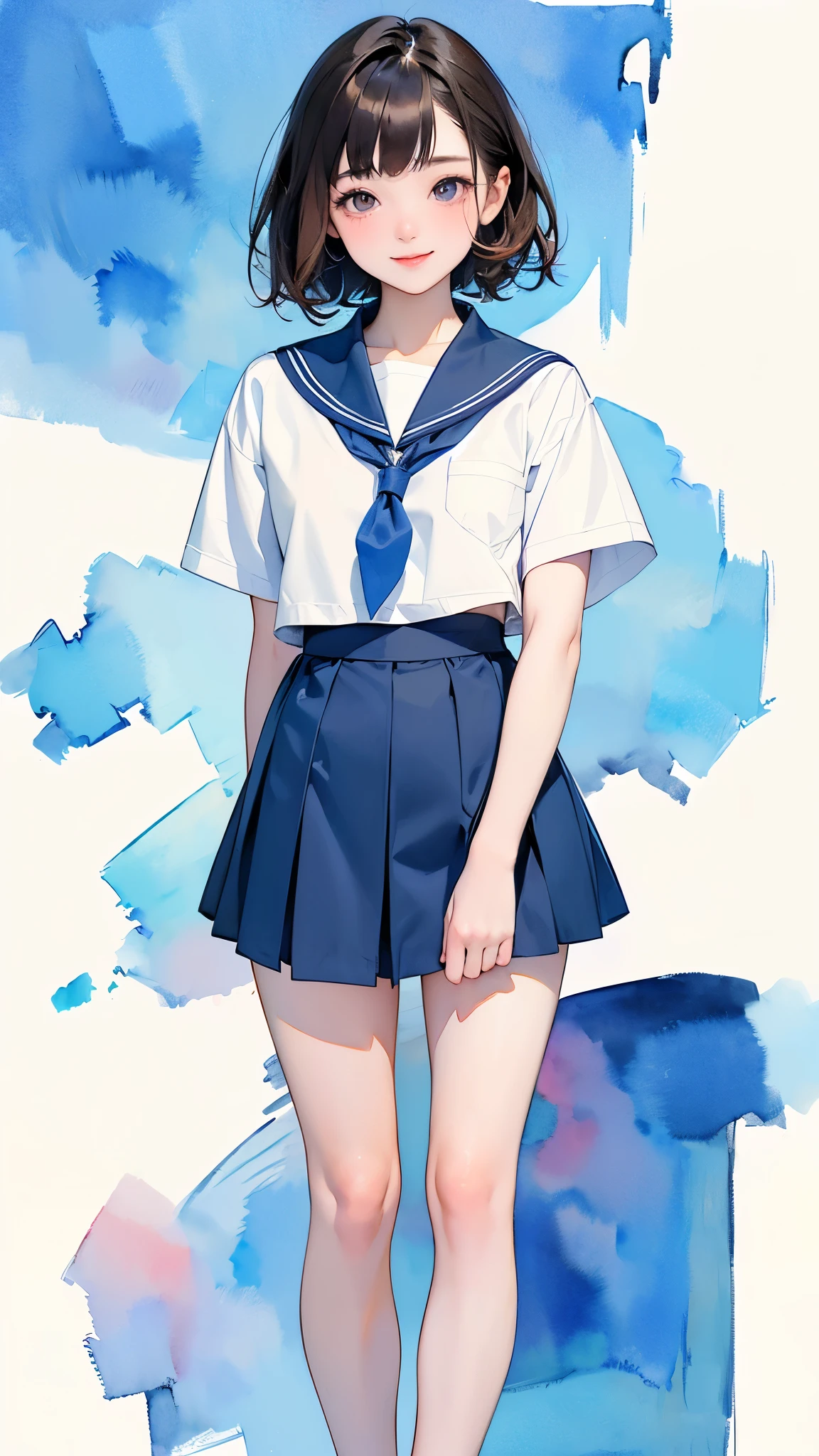 (1 Girl、alone、whole body、14 years old、natural standing posture)、(Standing casually)、(whole body:1.4)、(whole bodyショーケース)、(whole bodyを見せる)、((Character Concept Art))、(Portraiture:1.2)、(Detailed facial depiction、A meticulously drawn face、A kind smile)、Short dark brown hair、Sailor suit、Navy blue sailor collar、uniform、Short skirt:1.37、超Short skirt、shoes、loafers、(Vintage、Classic)、((No background))、((White Background))、Blur the background、(No logo)、((Watercolor))、Impressionist style painting、(Highest quality、masterpiece)、