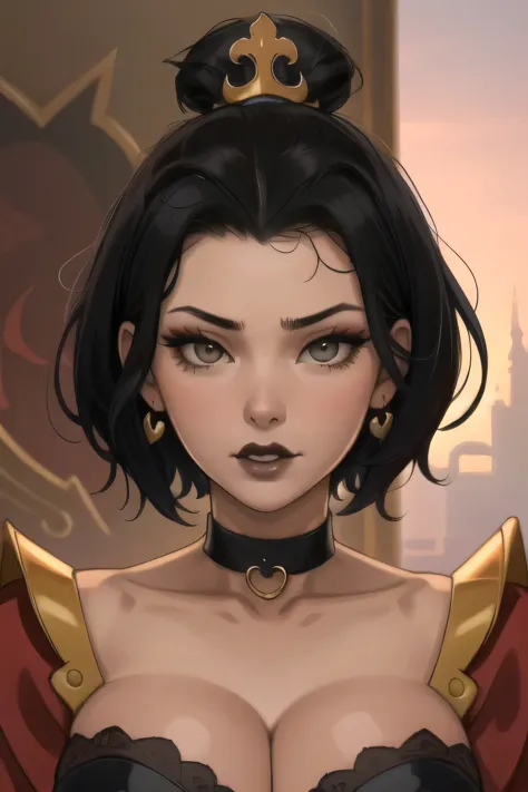 Azula. huge breasts. very short hair. choker. Amber gold eyes. black hair. black lips. nightie. a photo of a face in the vicinit...