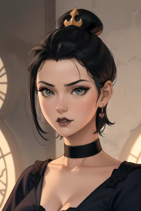 Azula. huge breasts. very short hair. choker. Amber gold eyes. black hair. black lips. nightie. a photo of a face in the vicinit...