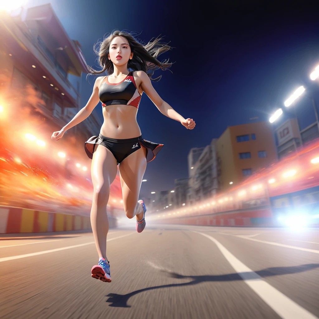 Young female athlete racing on the road, Long flowing black hair, Sleek and aerodynamic running wear, intense expression, Several female athletes compete in a heated race, Dynamic Motion Blur, A low-angle view that emphasizes long legs and powerful strides, Cinema Lighting, Vibrant colors, (Highest quality,4K,8K,High resolution,masterpiece:1.2),Super detailed,(Realistic,photoRealistic,photo-Realistic:1.37),Very detailed顔と目,Beautiful lip detail,Very detailed, hyper Realistic, Professional photography, Cinema Lighting, Dynamic action scenes, Wonderful landscape