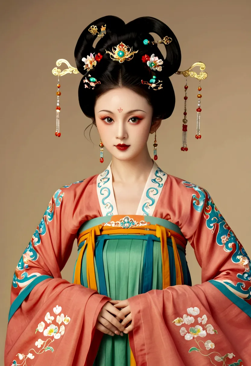 beautiful girl portrait，fairy，symmetry，round face，bright eyes，smooth skin，chinese tang dynasty flag costume,egotistical,high bun...