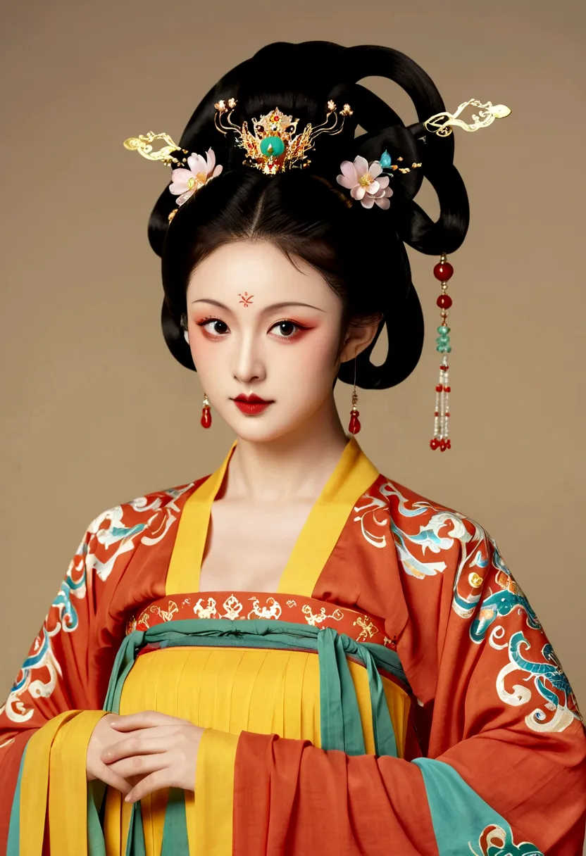 beautiful girl portrait，fairy，symmetry，round face，bright eyes，smooth skin，chinese tang dynasty flag costume,egotistical,high bun...