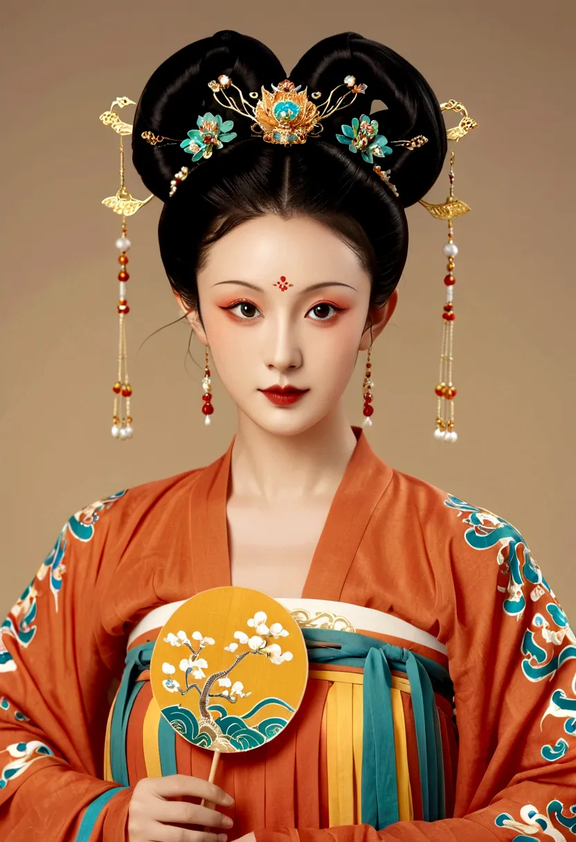 beautiful girl portrait，fairy，symmetry，round face，bright eyes，smooth skin，chinese tang dynasty flag costume,egotistical,high bun...