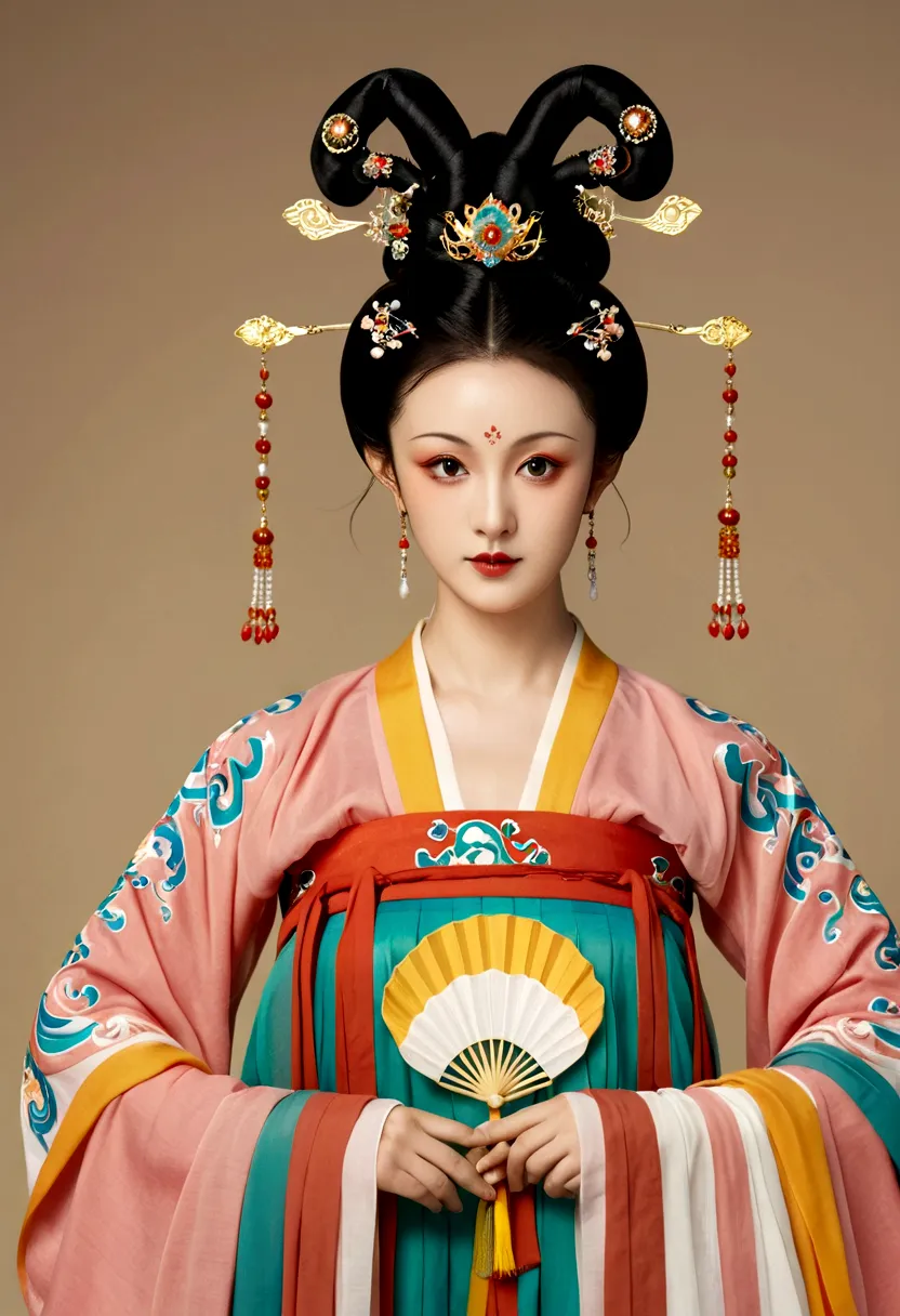 beautiful girl portrait，fairy，symmetry，round face，bright eyes，smooth skin，chinese tang dynasty flag costume,egotistical,high bun...