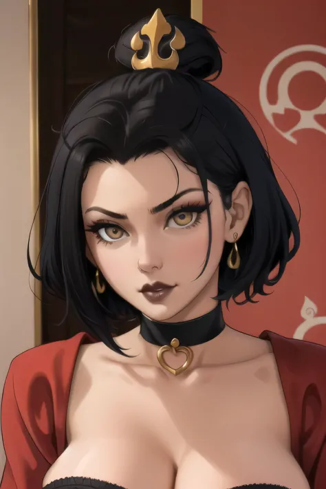 Azula. huge breasts. very short hair. choker. Amber gold eyes. black hair. black lips. nightie. a photo of a face in the vicinit...