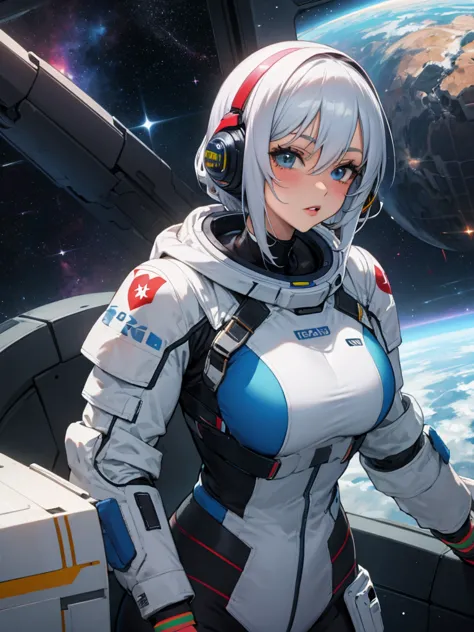 youthful anime busty girl, sci-fi explorer, sci-fi adventurer, spacesuit, bodysuit, armor suit