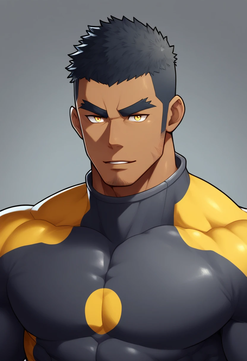 personagens de anime：Gyee, Estudante de esportes musculares, pele negra negra, 1 cara durão musculoso de pele escura, masculinidade, foco masculino, Fato de neoprene cinza escuro com gola alta e manga comprida, Textura fosca, Muito apertado, redondo, músculos do peito cheios e alegres, Ligeiramente transparente, macho musculoso, muscular, apenas, tronco, sozinho, cabelo curto preto, sobrancelhas espessas, restolho, olhos amarelos, fundo cinza, fundo simples, qualidade incrível, melhor estética, ridículo, pupilas brilhantes, corte à escovinha, lábios entreabertos, sorriso sedutor, torogação, cara de safada, sombra projetada, melhor qualidade