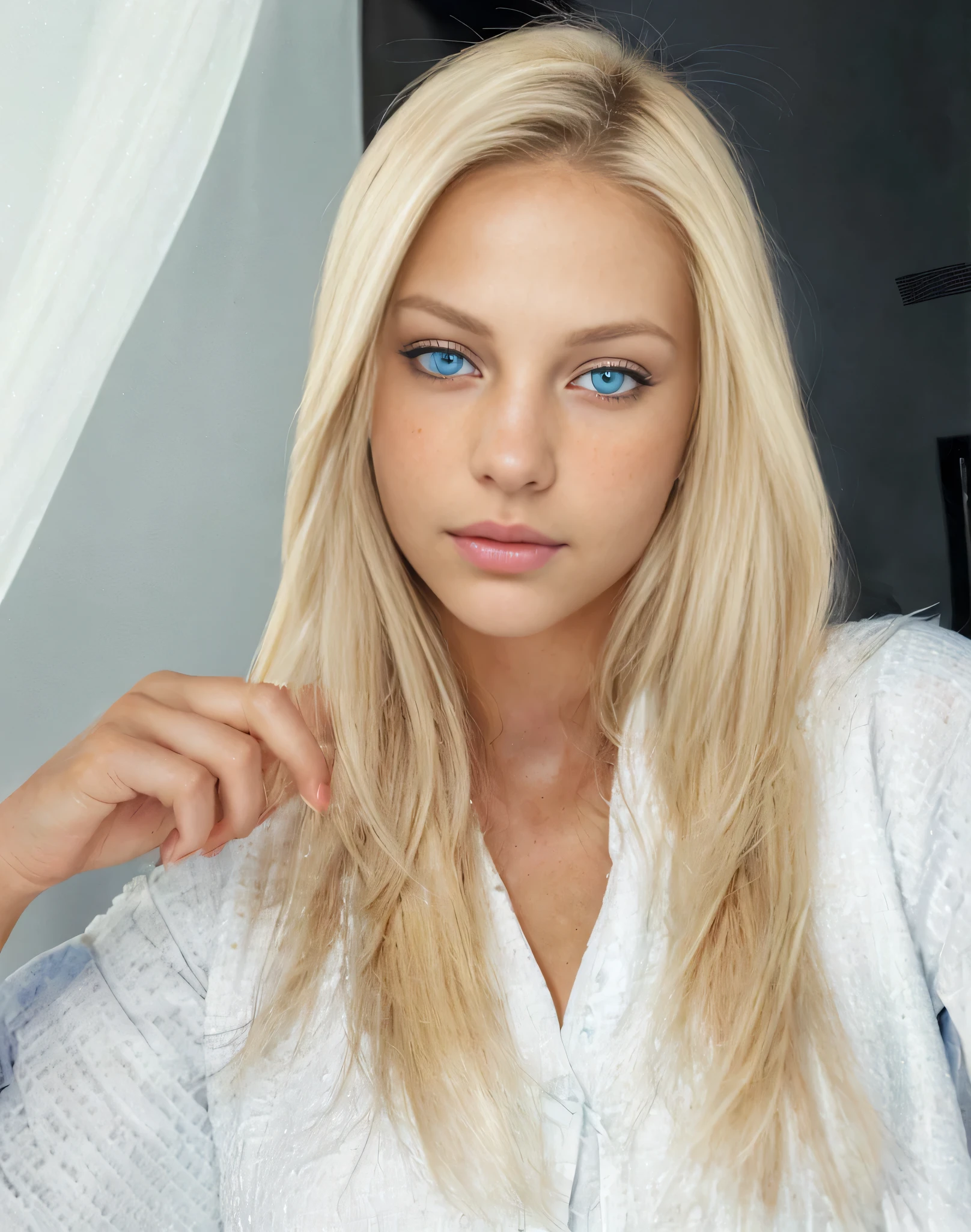 (best qualityer, ultra detaild) , (high resolution skin texture) , ( ultra realistic image resolution) , blonde woman with light blue eyes looking at viewer (Ultra Realistic Detail) , (photorealistic:1.4), detailed gorgeous face
