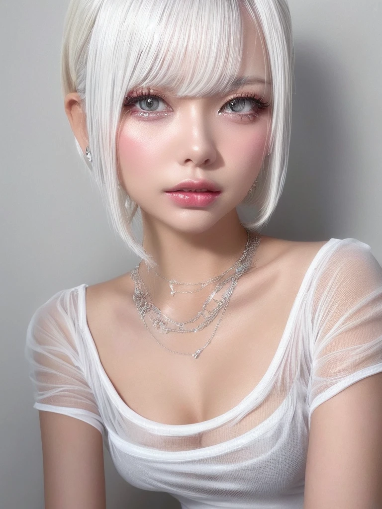 (((amount、White 、Asian Woman、beautiful girl、Silver Hair、White Background、)))、Tabletop, Highest quality, shape, Very detailed, finely, High resolution, 8k wallpaper, Perfect dynamic composition, finelyて美しい目, Deco Out, Medium Hair, Small breasts, Natural color lip,White Background, Random cute poses,White tank top、(((See-through 1.5)))、Necklaces and earrings、