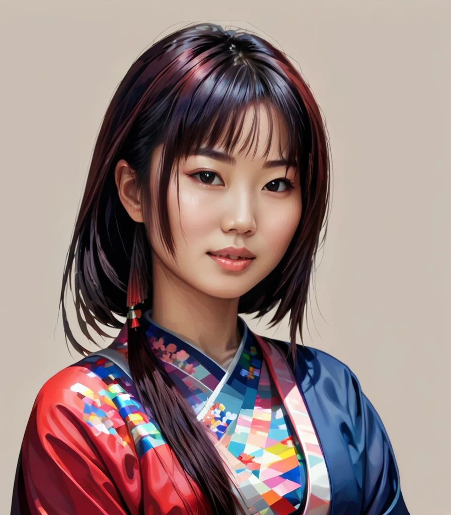 pixel art，Japanese woman  uses colorful brush strokes to create 3D pixel portraits of girls..