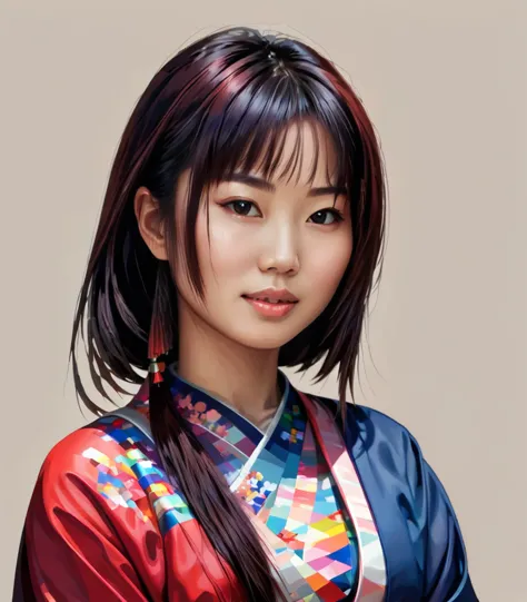 pixel art，Japanese woman  uses colorful brush strokes to create 3D pixel portraits of girls..