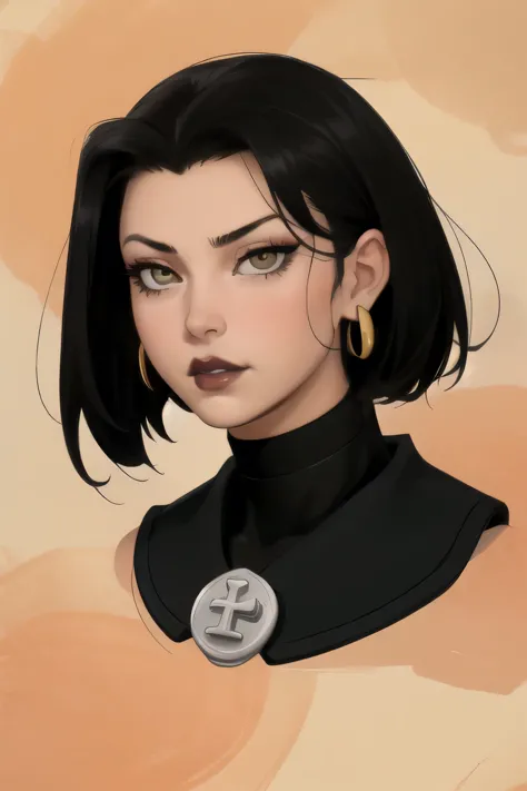 Azula. huge saggy breasts. very short hair. choker. Amber gold eyes. black hair. black lips. nude. a photo of a face in the vici...