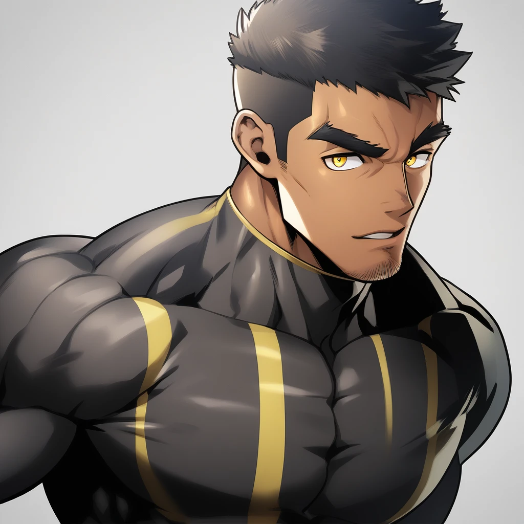 anime characters：Tights superhero, Muscle Sports Student, negro black skin, 1 dark skin muscular tough guy, Manliness, male focus, Yellow and black striped high collar long sleeve tight T-shirt, Slightly transparent material, Very tight, Round, full and perky chest muscles, Slightly transparent, muscular male, muscular, only, Upper body, alone, Black short hair, Thick eyebrows, stubble, Yellow eyes, Grey background, simple background, amazing quality, best aesthetics, Ridiculous, bright pupils, crew cut, parted lips, seductive smile, torogao, naughty face, drop shadow, best quality