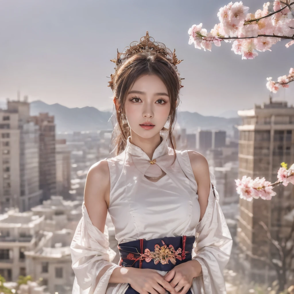 Blue sky and white clouds，Mountains in the distance、tower and many people，Pink flowers，Cherry tree，Hanfu woman,Phoenix crown tiara、Fine embroidery、穿Hanfu裤袜、Hanfu、穿长袖Hanfu、Transparent and clearly visible、Look and、Exposed oversized breasts、Raw,(8K、Top quality、masterpiece:1.8)、(Intricate details:1.8)、(Reality:1.8)、Octane Rendering、Complex 3D rendering with ultra-details, Studio soft light, Side light, Vivid details, Super Detail, Realistic skin texture, Details, beautiful eyes, Highly detailed CG Unity 16k wallpaper, cosmetic, (Detailed background:2.0), Clear your fingers，Beautiful fingers，Radiant skin、Spread your legs，Camel toe showing thigh!!!、