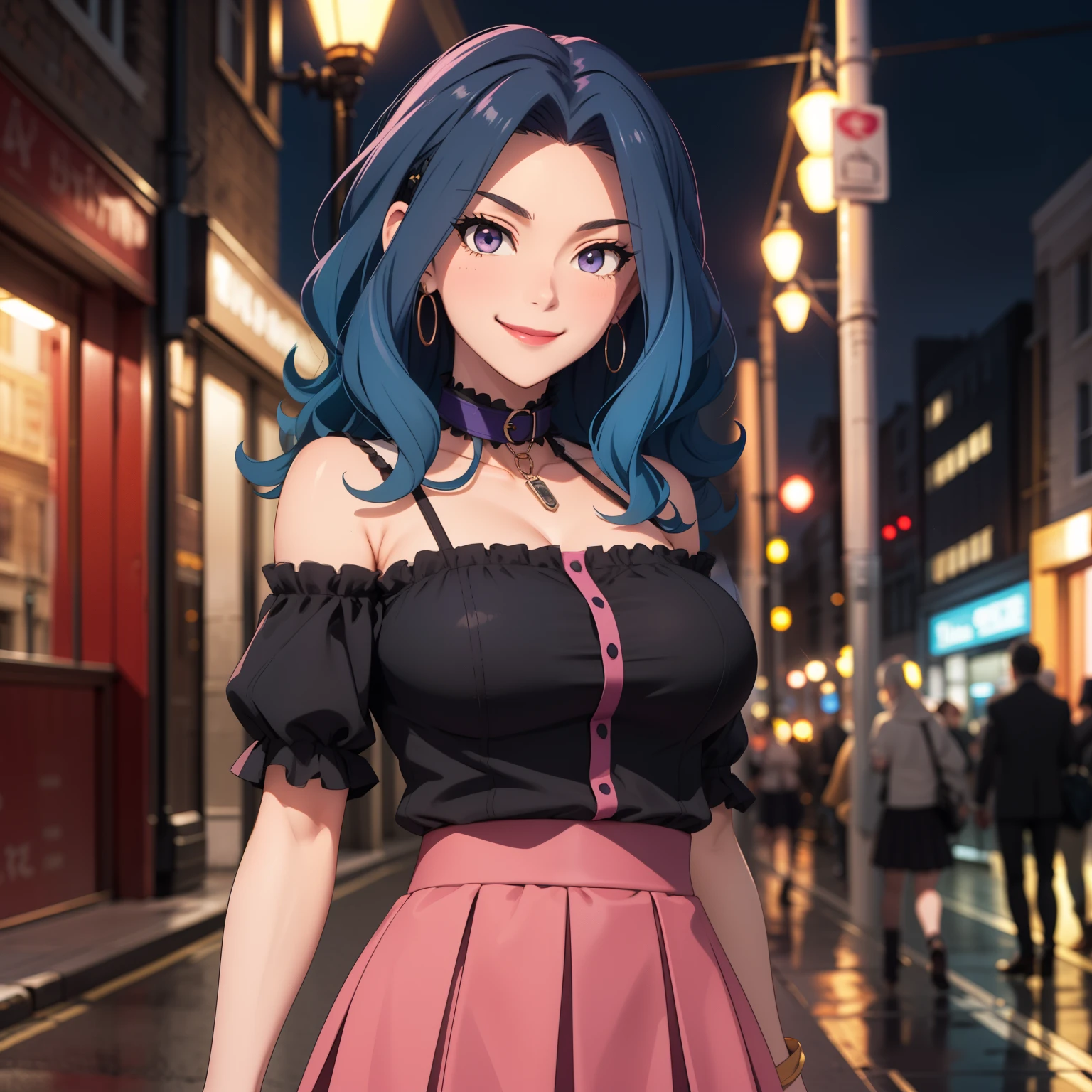  women, 30 year old woman, wavy blue hair sueto, Free hair, violet eyes like , smug smile, big breasts ,modern clothing low cut short black top, short pink skirt, neckline, tops negro ,  , background of a city streets London at night, collar, accessories.
 happy smile.