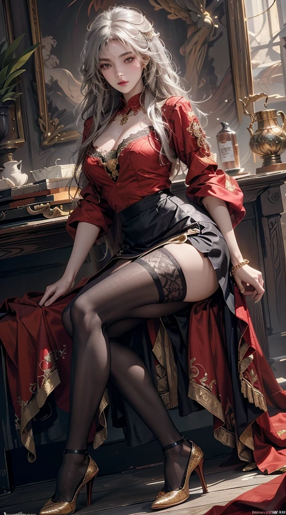 ((Masterpiece, Highest quality)), Detailed face, CharacterDesignSheet，full bodyesbian, Full of details, Multiple poses and expressions, Highly detailed, Depth, Many parts，beuaty girl，cinmatic lighting，with light glowing，Red and gold，Phoenix decoration，light yarn，Lace，lacepantyhose，high-heels