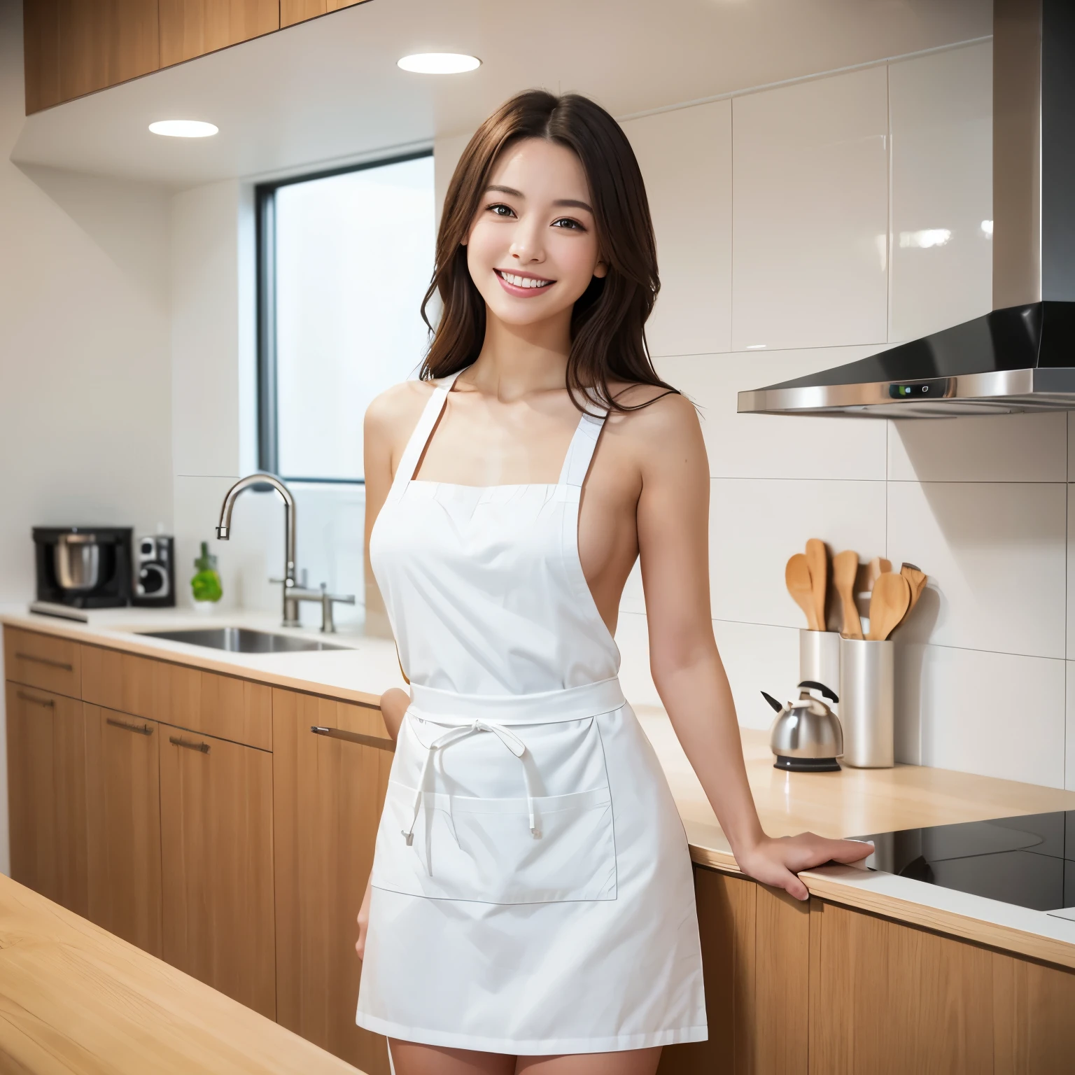 (table top、highest quality、8K、Award-winning work、ultra high resolution)、one beautiful woman、(wearing the most natural and perfect apron:1.1)、(naked apron:1.2)、(Look at me with your best smile:1.1)、(Show your beautiful teeth and have the best smile:1.1)、perfect beautiful teeth、emphasize body line、(bust up photo:1.1)、(upper body photo:1.2)、(big breasts:1.1)、(The most natural and practical kitchen:1.1)、(Perfectly organized and clean kitchen:1.1)、(modern and elegant kitchen:1.1)、(Perfect kitchen with state-of-the-art induction:1.1)、(Beautiful modern kitchen with a unified feel:1.1)、(very bright:1.2)、(Very bright and glowing skin:1.1)、It&#39;s very vivid、the most vivid、High chroma、radiant beautiful skin、A refreshing and beautiful perfect window、ultra high resolutionのperfect beautiful teeth、(Ultra high definition glossy skin:1.1)、(very brightly lit、明るい and glowing skin:1.2)、Super high-definition sparkling eyes、(accurate anatomy:1.1)、(the most elegant and perfect posture:1.1)、short hair