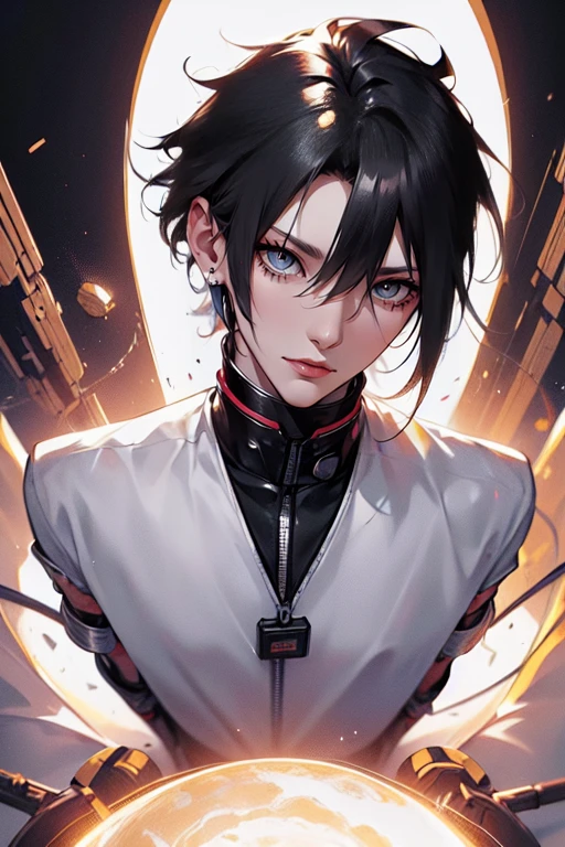 1 male (tall man, slim, manly, dominate, messy black-haired, wearing a sci-fi space outfit.) best quality, ultra-detailed, illustration, complex, detailed, extremely detailed, detailed face, soft light, soft focus, perfect face, illustration, full body pose, tight outfit. 