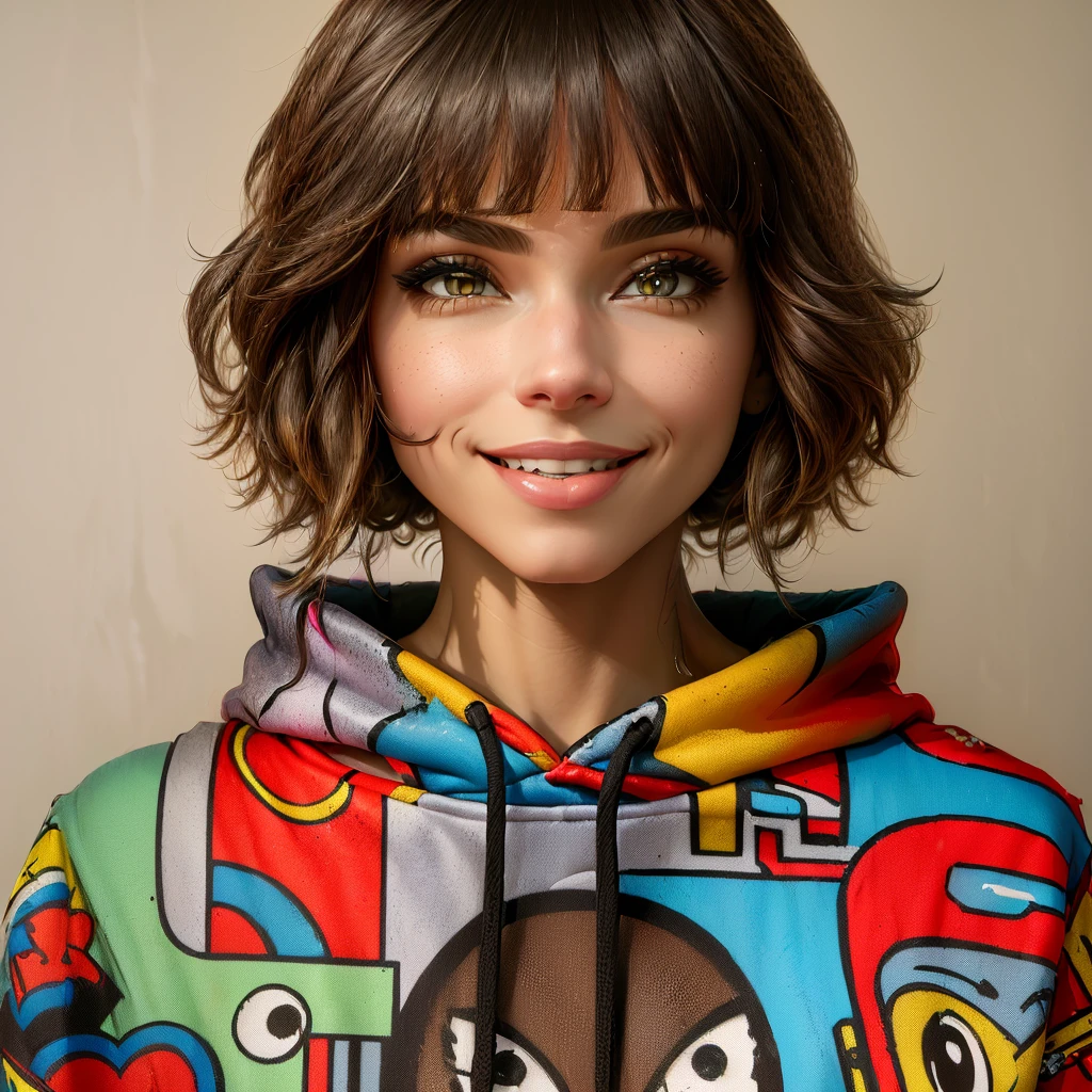 une femme souriante portant un sweat à capuche coloré, Regard de dessin animé, anna nikonova alias newmilky, fille portant un sweat à capuche, elle porte du streetwear, art numérique. bande dessinée colorée, cartoon art numérique, style kiki picasso, femme de beauté avec des visages détaillés, black haired fille portant un sweat à capuche, style de Julia Razumova, peinture numérique de dessin animé, le toyisme