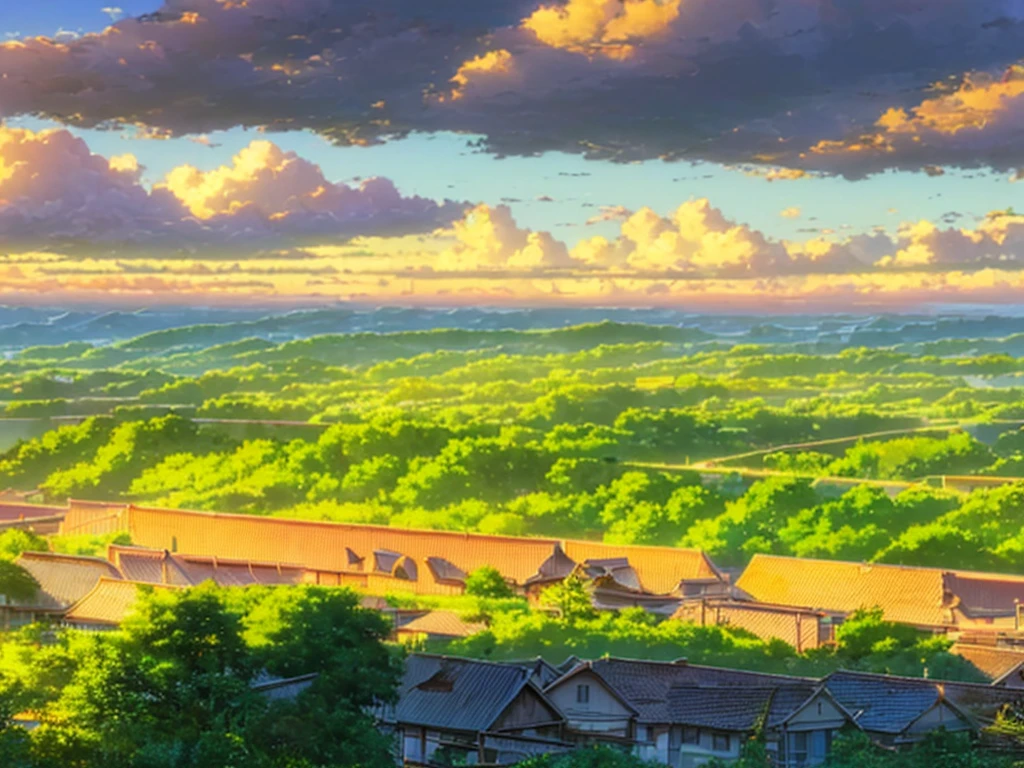 (paisagem com vegetação e flora vibrante) (uma aldeia pitoresca aninha-se ao longe) (Uma miríade de nuvens cativantes enchem o céu, complementando o cenário idílico) (Céu e estrelas ) (pôr do sol) (por Makoto Shinkai) (8K)
