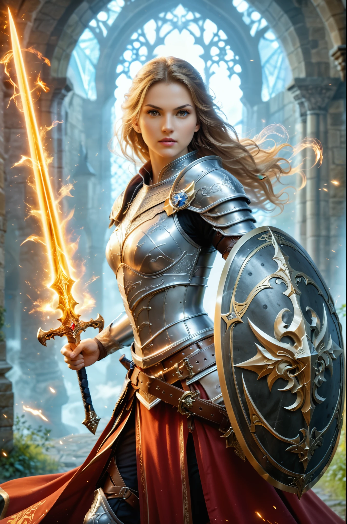 female knight, powerful aura, unleashing a slash, dynamic pose, glowing energy, intense expression, detailed armor, fantasy setting, battle scene, vibrant colors, magic, flowing hair, epic, fierce, shining sword, action, dramatic lighting, high contrast, sparks, mystical, warrior, heroic, ethereal, enchanted, strong, determined, anime style, intricate design, motion blur, radiant, fierce battle, medieval fantasy, power, dramatic, swirling energy