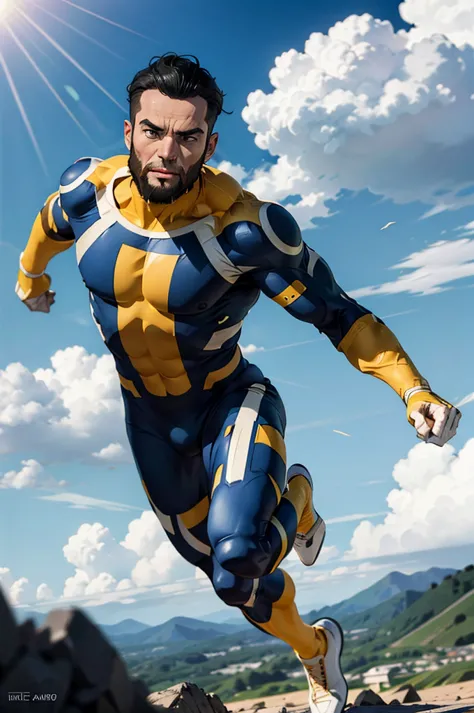 immortal, muscular, black hair, beard, bodysuit, looking at viewer, serious,flying, in air, action shot, blue sky, clouds, extre...