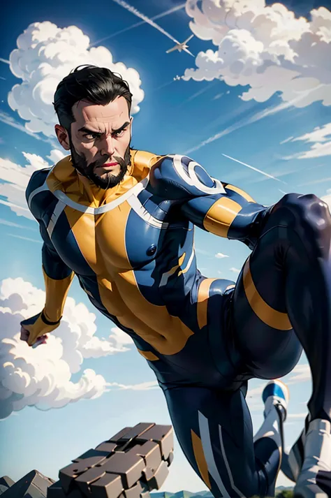 immortal, muscular, black hair, beard, bodysuit, looking at viewer, serious,flying, in air, action shot, blue sky, clouds, extre...