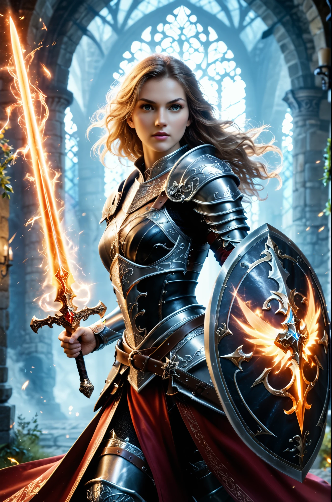 female knight, powerful aura, unleashing a slash, dynamic pose, glowing energy, intense expression, detailed armor, fantasy setting, battle scene, vibrant colors, magic, flowing hair, epic, fierce, shining sword, action, dramatic lighting, high contrast, sparks, mystical, warrior, heroic, ethereal, enchanted, strong, determined, anime style, intricate design, motion blur, radiant, fierce battle, medieval fantasy, power, dramatic, swirling energy