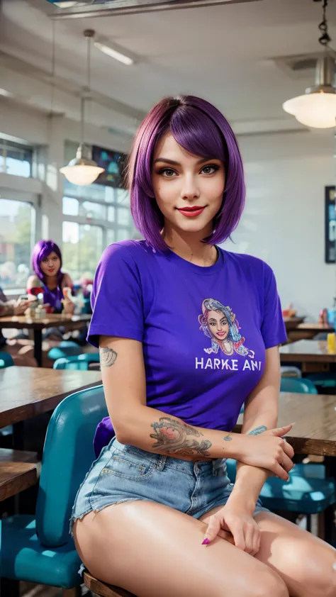 street photography photo of a young woman with purple hair, smile, happy, cute t-shirt, tattoos on her arms, sitting in a 50s di...