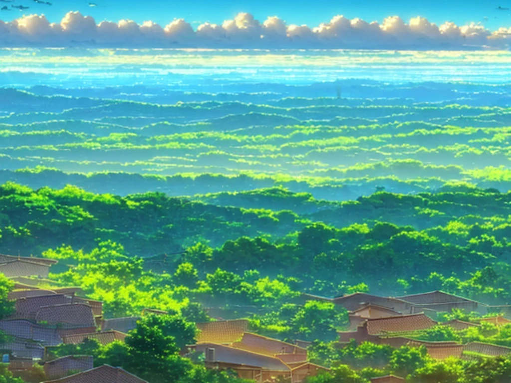 (landscape) (a quaint village nestles in the distance) (a myriad of captivating clouds fill the sky, complimenting the idyllic scenery) (beautiful sky and stars ) (sunset) (by makoto shinkai) (8k resolution)
