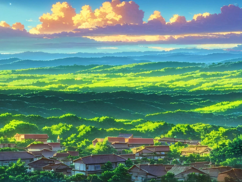 (風景) (趣のある村が遠くに佇んでいる) (無数の魅惑的な雲が空を埋め尽くす, 牧歌的な風景を褒める) (美しい空と星 ) (日没) (by Makoto Shinkai) (8K解像度)
