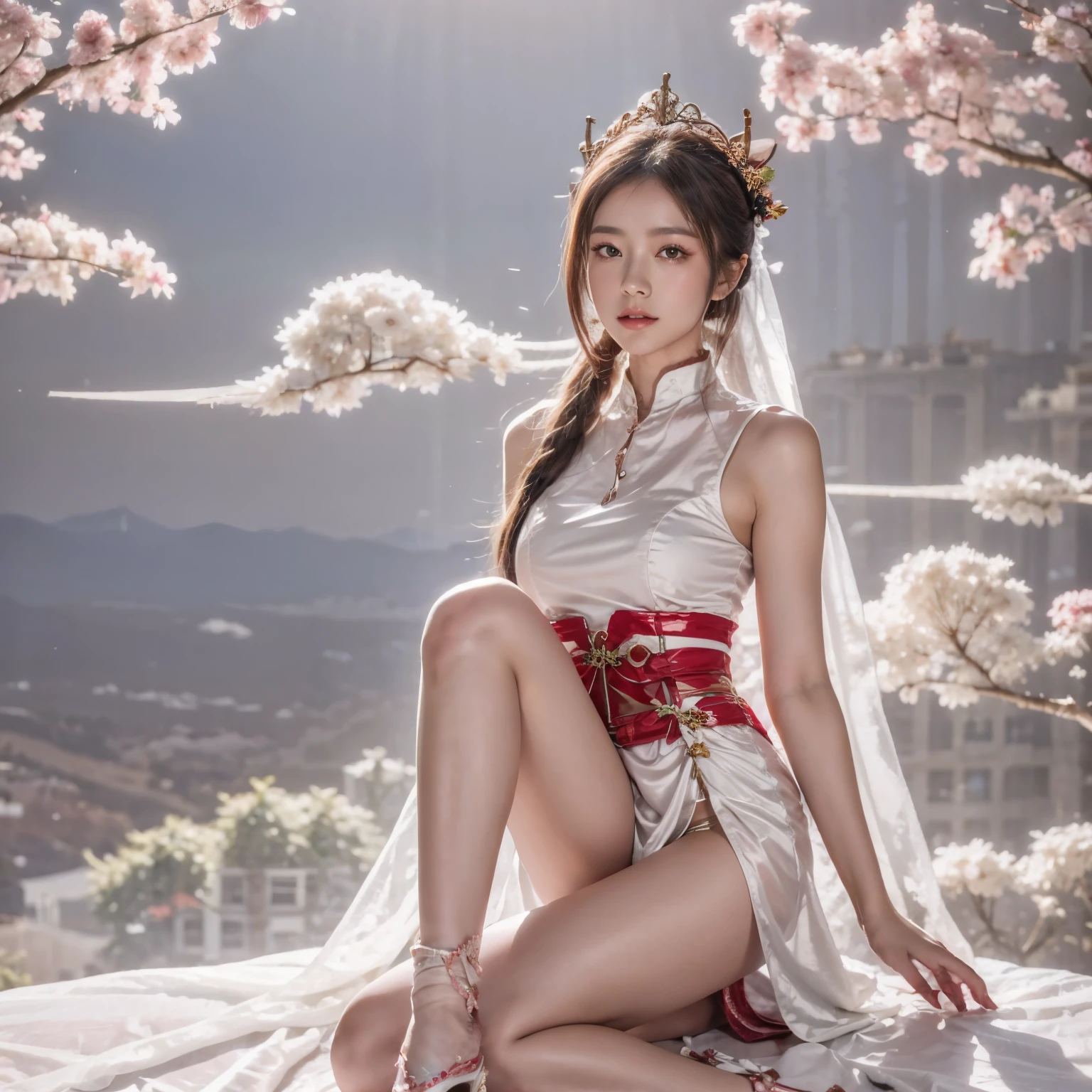 Blue sky and white clouds，Mountains in the distance、tower and many people，Pink flowers，Cherry tree，Hanfu woman,Phoenix crown tiara、Fine embroidery、穿Hanfu裤袜、Hanfu、穿长袖Hanfu、The legs are transparent and clearly visible、Look and、Exposed oversized breasts、Raw,(8K、Top quality、masterpiece:1.8)、(Intricate details:1.8)、(Reality:1.8)、Octane Rendering、Complex 3D rendering with ultra-details, Studio soft light, Side light, Vivid details, Super Detail, Realistic skin texture, Details, beautiful eyes, Highly detailed CG Unity 16k wallpaper, cosmetic, (Detailed background:2.0), Clear your fingers，Beautiful fingers，Radiant skin、Spread your legs，Camel toe showing thigh!!!、