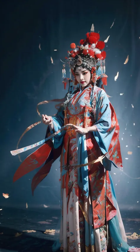 masterpiece, best quality, masterpiece, best quality, 1 girl, flowing costumes，maximum chest，peking opera,qibi