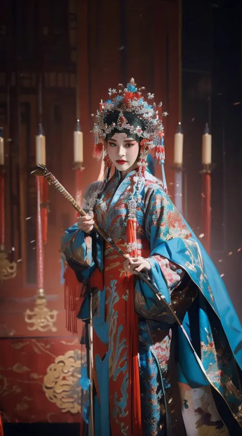 masterpiece, best quality, masterpiece, best quality, 1 girl, flowing costumes，maximum chest，peking opera,qibi