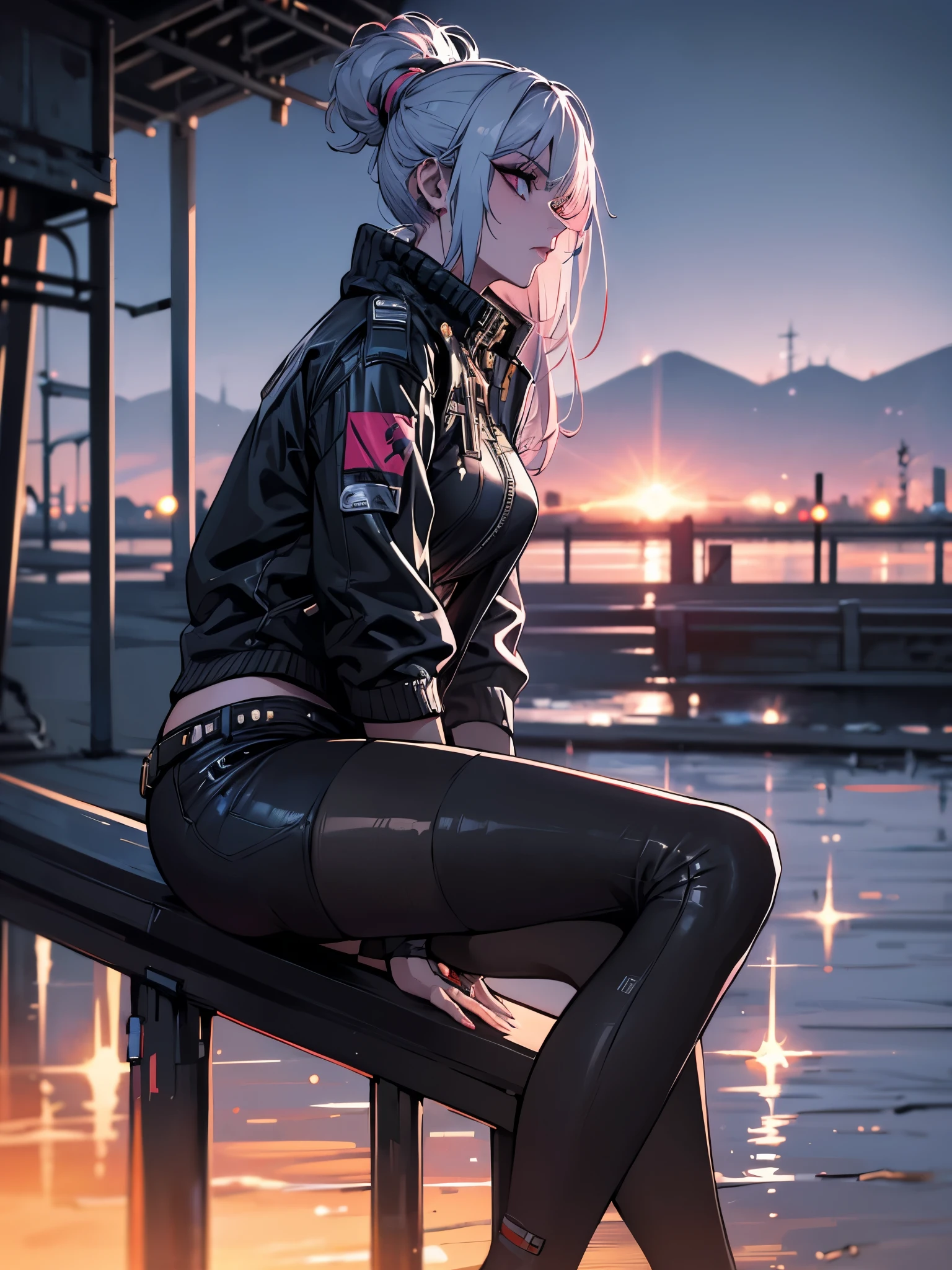 Profile, uma mulher usando apenas pantyrose e sutiã rosa e jaqueta preta, (((sitting on the edge of a bridge over the lake))), ela esta Profile, in black jacket, white  hair, White sneakers, perfil, sutia, pantyrose, looking at the horizon to your left, Tuuli, sunset, art cyberpunk style, cyberpunk 2 0 years. oh model girl, hyper-realistic cyberpunk style, cyberpunk vibes, cyberpunk style, hyper realist, Beautiful girl, BIG ASS
